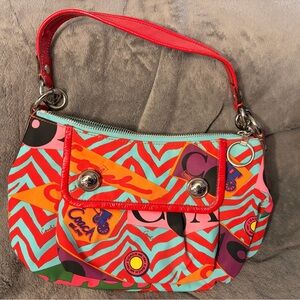 Coach Poppy Graffiti Groovy Multicolor Graphic Print Shoulder Bag with Red Trim